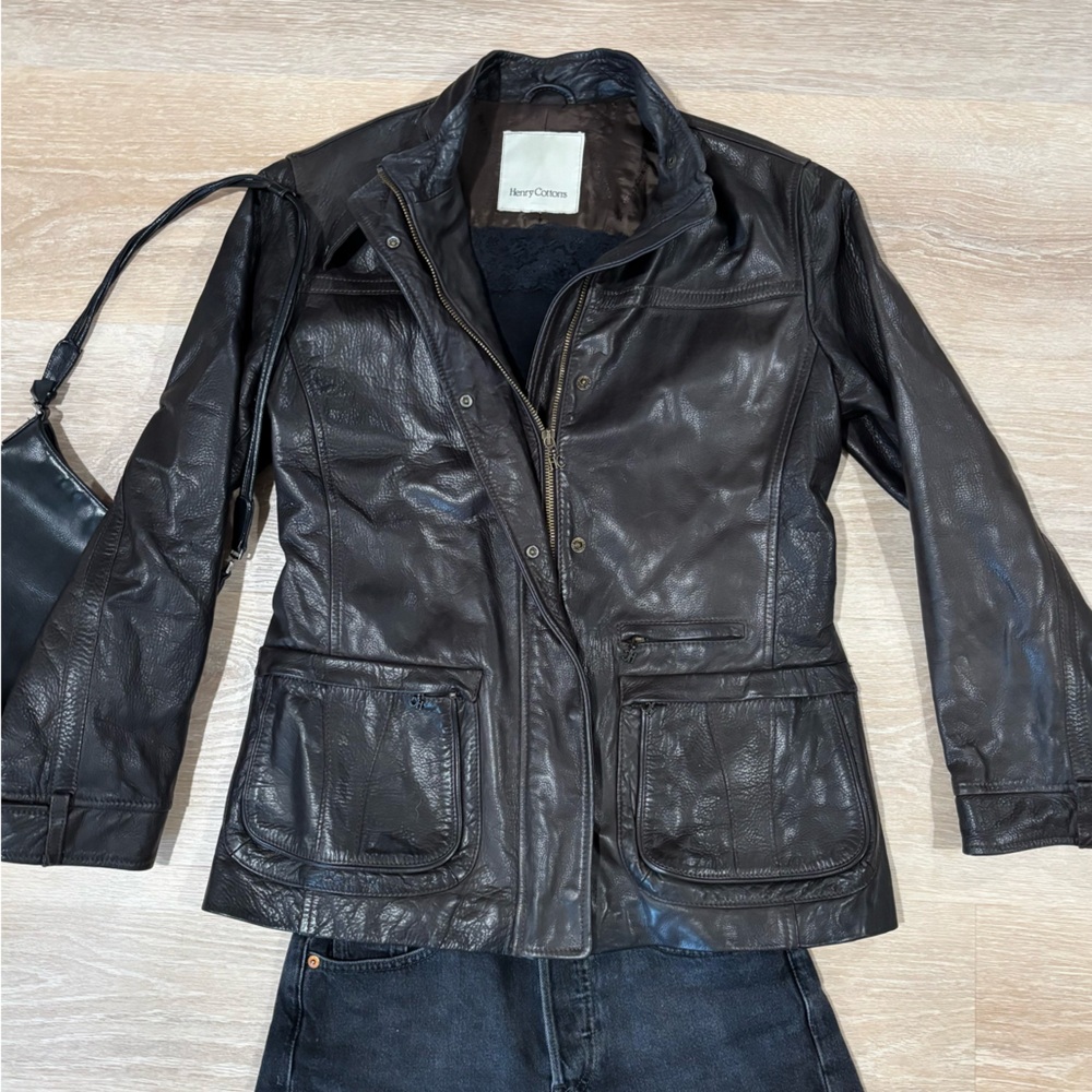 Henry Cottons Dark Brown Leather Jacket Vintage Downtown Girl Classic Old Money
